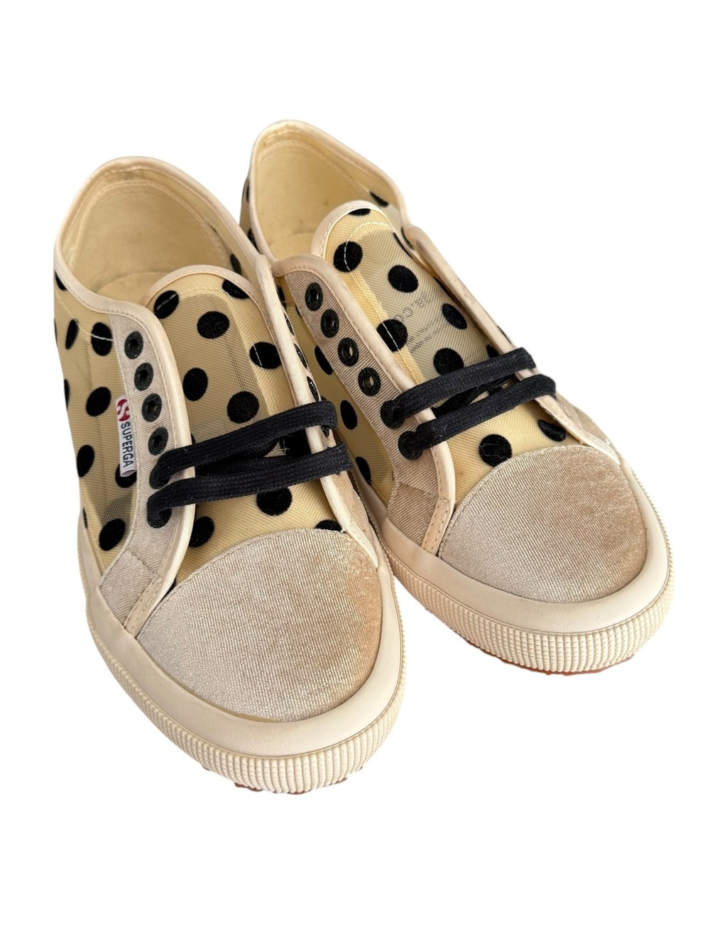 Superga Anthro New Women's Beige Black Mesh Velvet Polka Dot Sneaker Girly 40